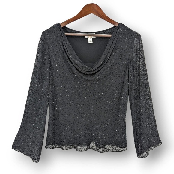 Talbots Tops - Talbots Petites Beaded Silk Rayon Chiffon Cowl Neck Top Black 14 Evening Dressy